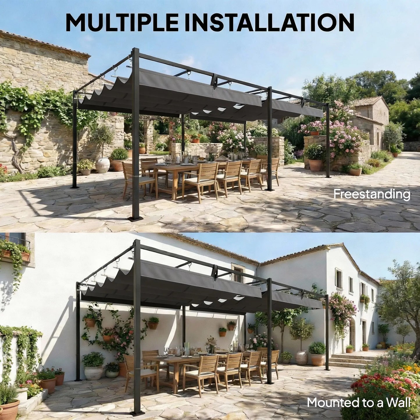 19' x 10' Dark Grey Pergola, Retractable Canopy, UV50+ Sun Shade, Dark Grey Pergolas at Gallery Canada
