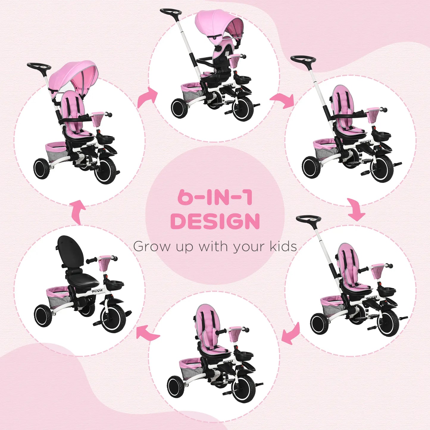 6-in-1 Toddler Tricycle, Foldable, Adjustable Seat, Push Handle, Pink Tricycles for Kids at Gallery Canada