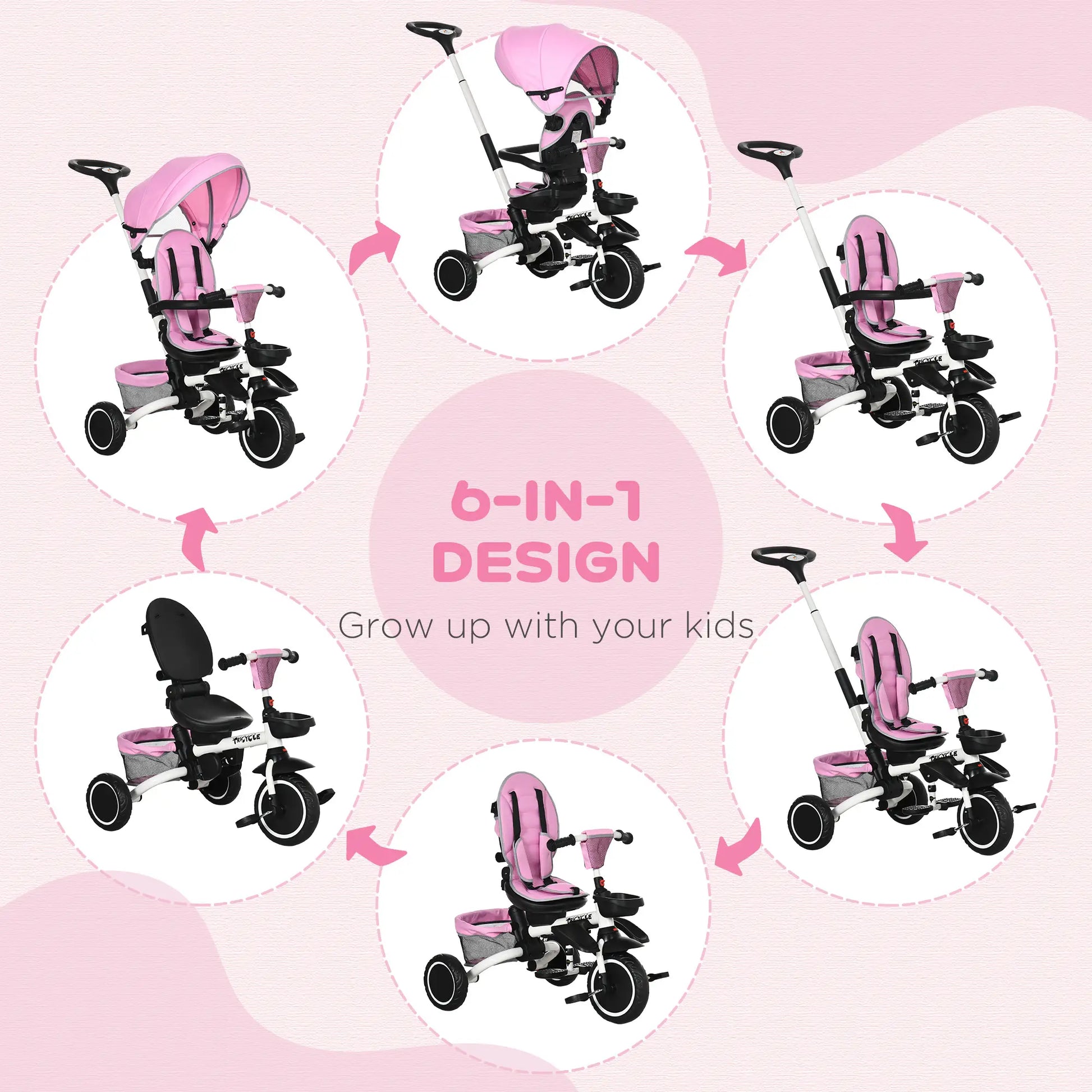 6-in-1 Toddler Tricycle, Foldable, Adjustable Seat, Push Handle, Pink Tricycles for Kids at Gallery Canada