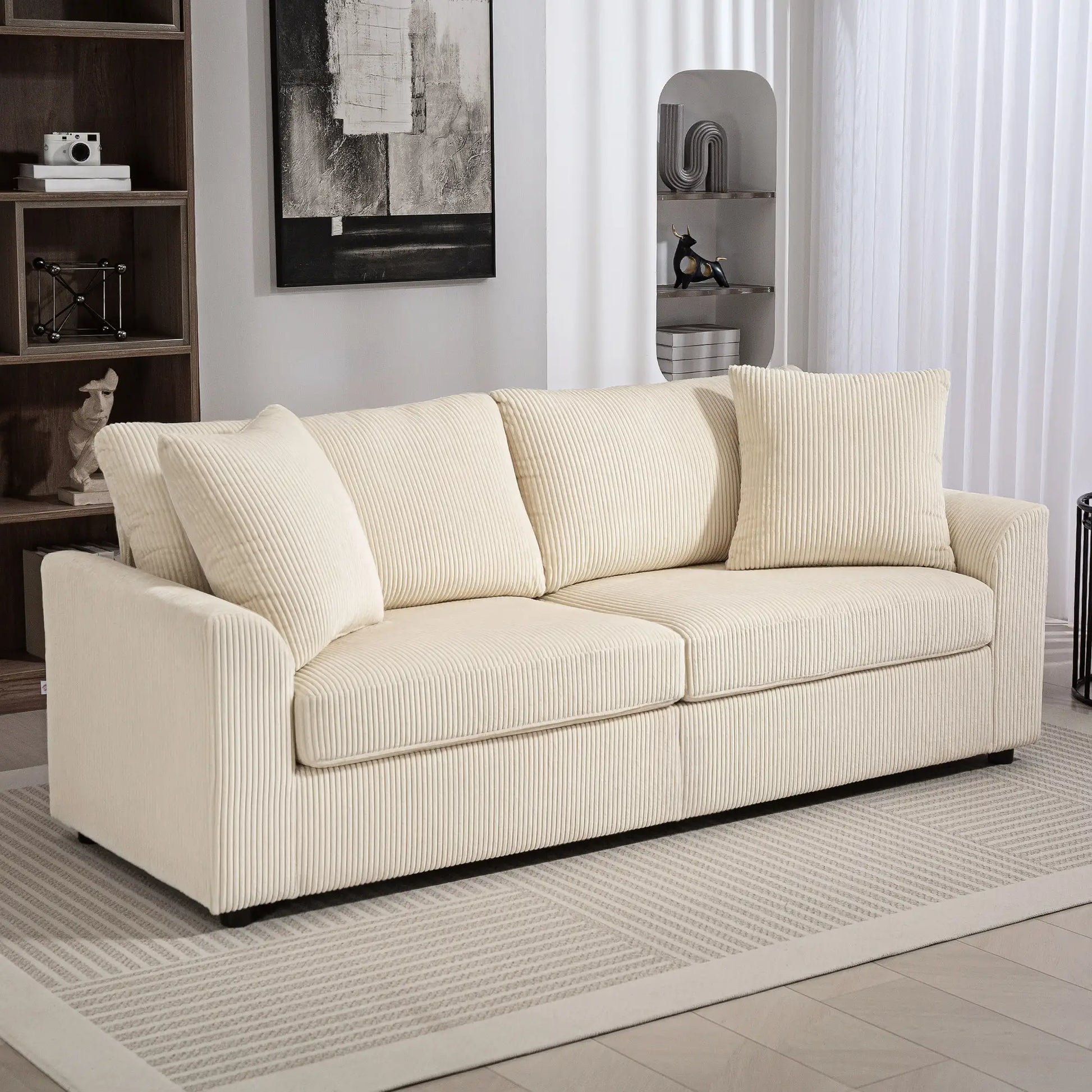 3 Seater Sofa, 83.5" Upholstered Couch, Pocket Spring, Cream White 3-Seater Sofas at Gallery Canada
