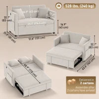 52" Holland Velvet Sofa Bed, USB Ports, Adjustable Backrest, Beige