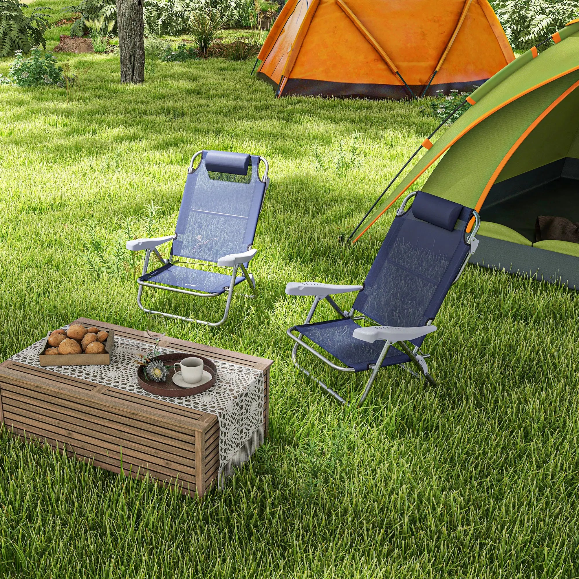 Set of 2 Fishing Chairs, Adjustable Backrest, Headrest, Folding, Dark Blue Picnic Tables & Camping Chairs at Gallery Canada