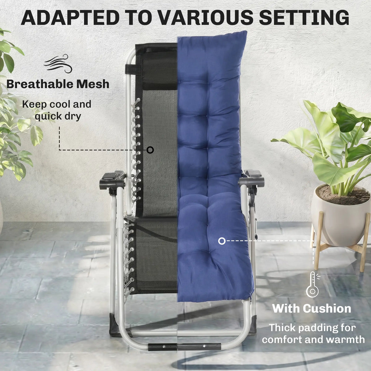Reclining Zero Gravity Chair, Adjustable Backrest, Folding Garden Lounger, Dark Blue