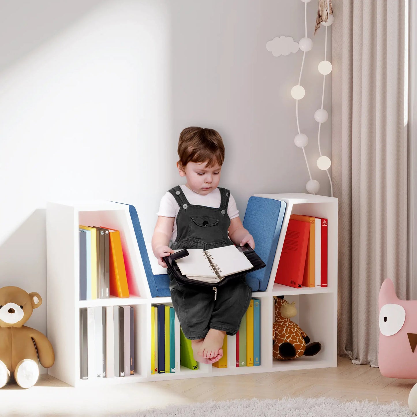 6-Cubby Bookcase with Seat Cushion, Cube Storage Shelf, Blue White Bookshelves at Gallery Canada