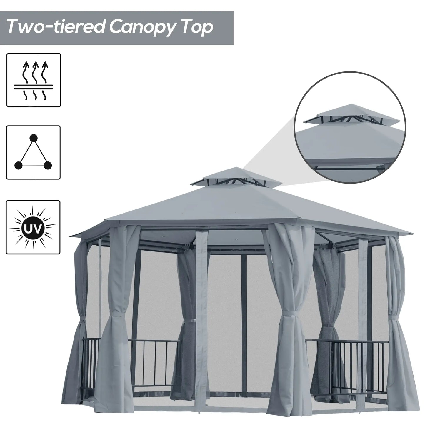 13ft Hexagon Gazebo, Outdoor Canopy Shelter, Netting, Shaded Curtains, Grey Gazebos at Gallery Canada