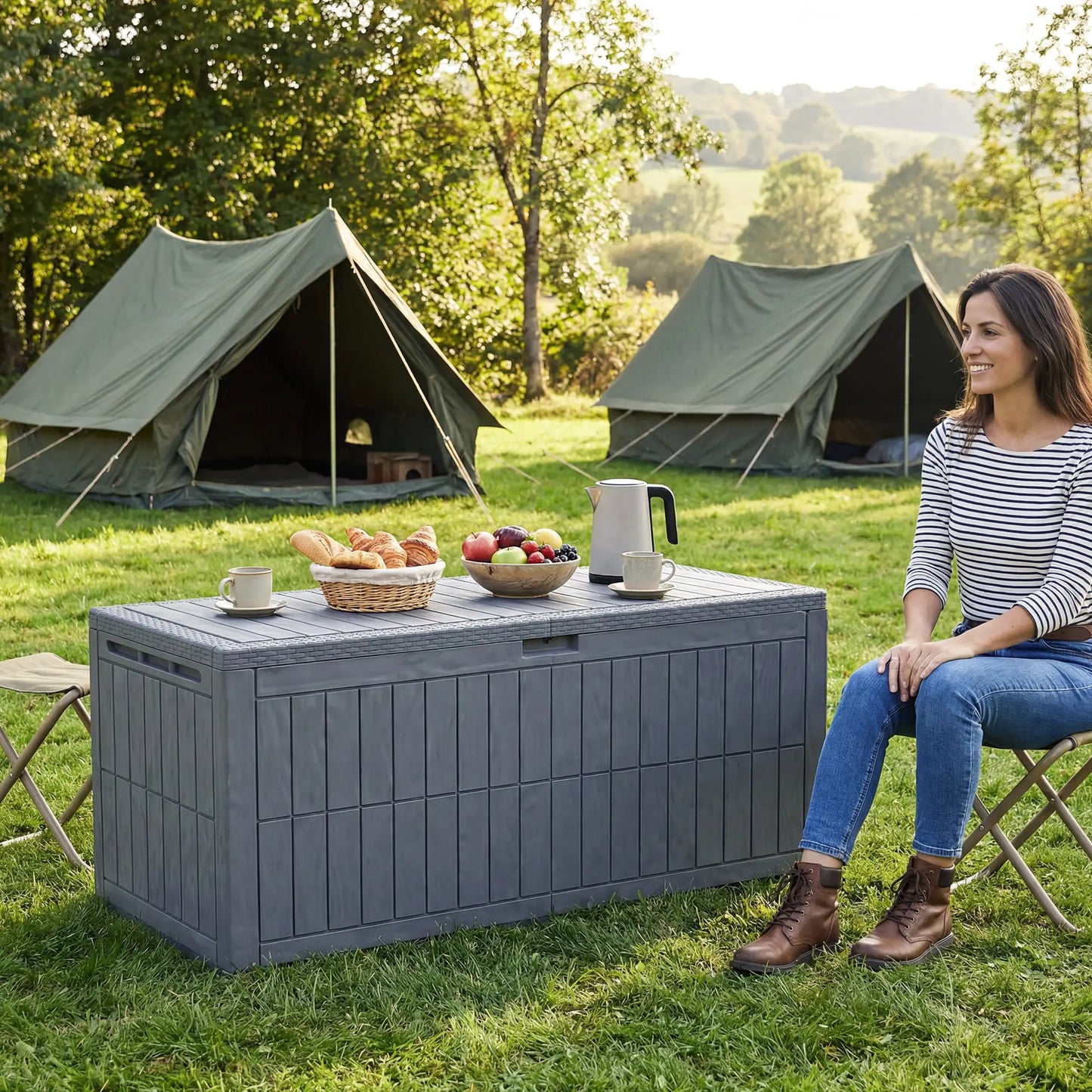 Coffre de terrasse verrouillable et imperméable de 100 gallons, rangement extérieur, tiges de gaz
