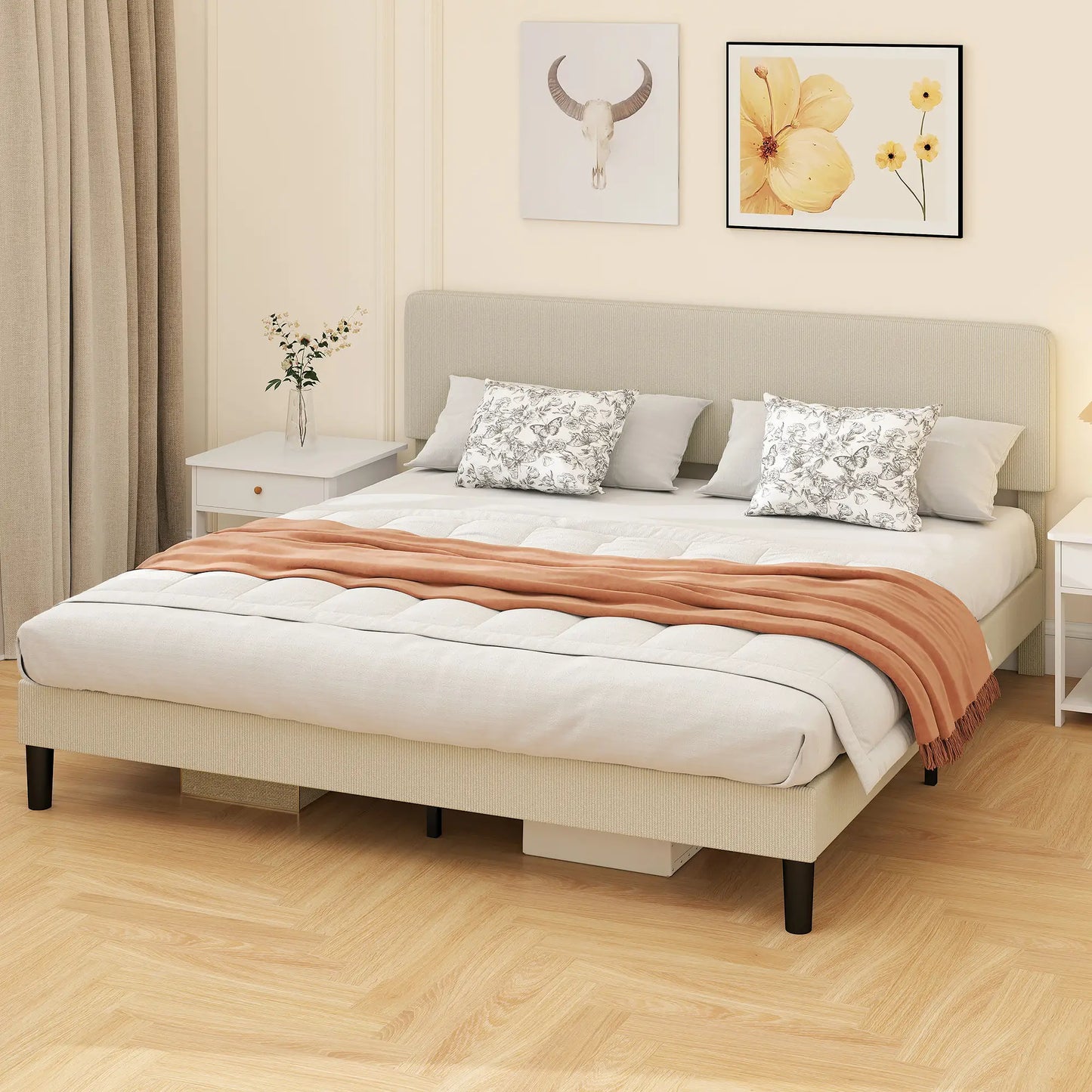 King Size Bed Frame, Adjustable Upholstered Headboard, Wood Slat Support, Light Grey Bed Frames at Gallery Canada