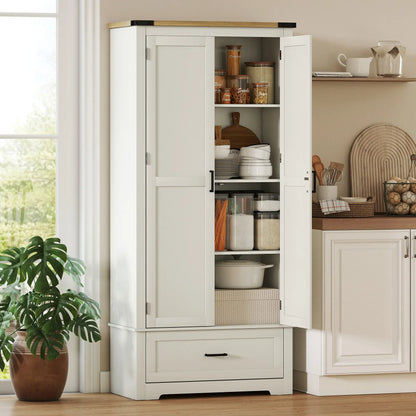 69" Tall Farmhouse Pantry Cabinet, 2 Doors, Drawer, Cream White Kitchen Pantry Cabinets at Gallery Canada