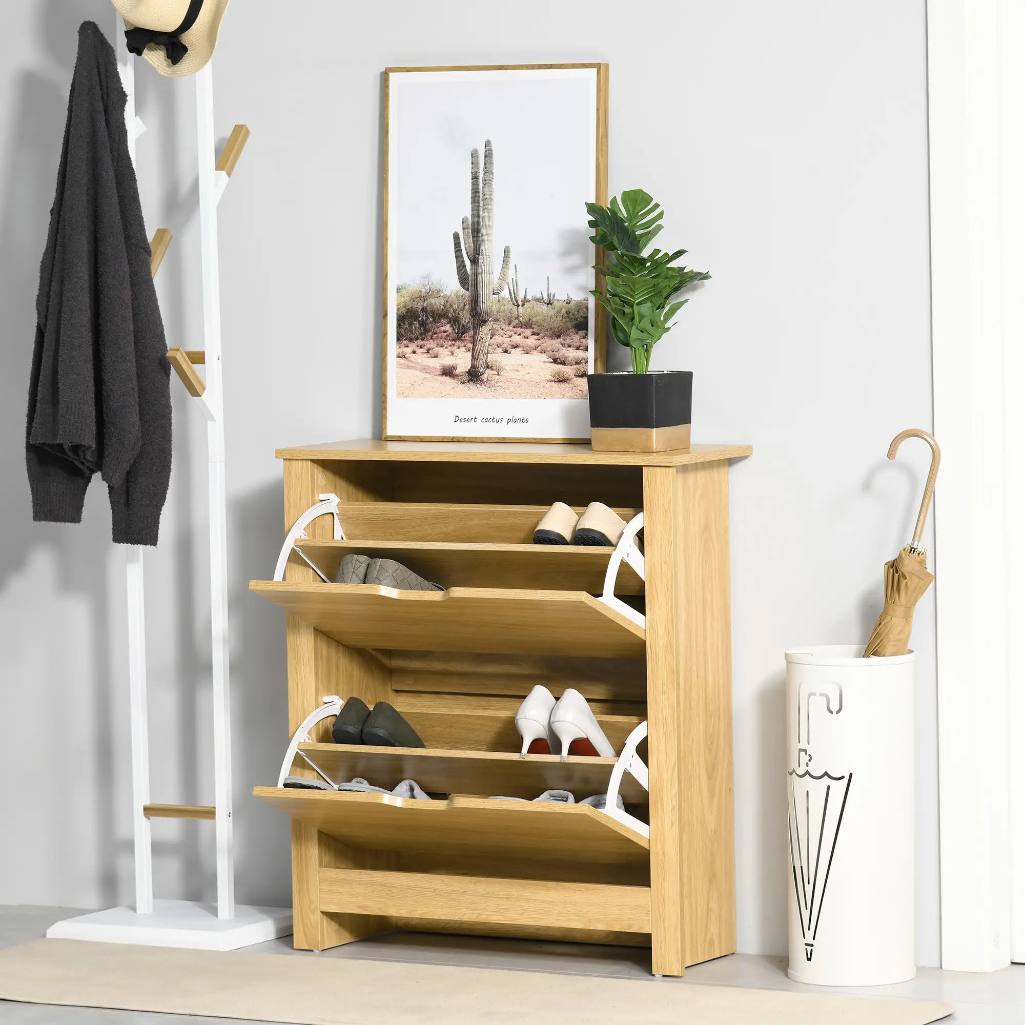 Shoe Storage Cabinet, 2 Flip Drawers, Adjustable Shelves, 12 Pairs, Natural Wood Shoe Storage Cabinets & Racks at Gallery Canada