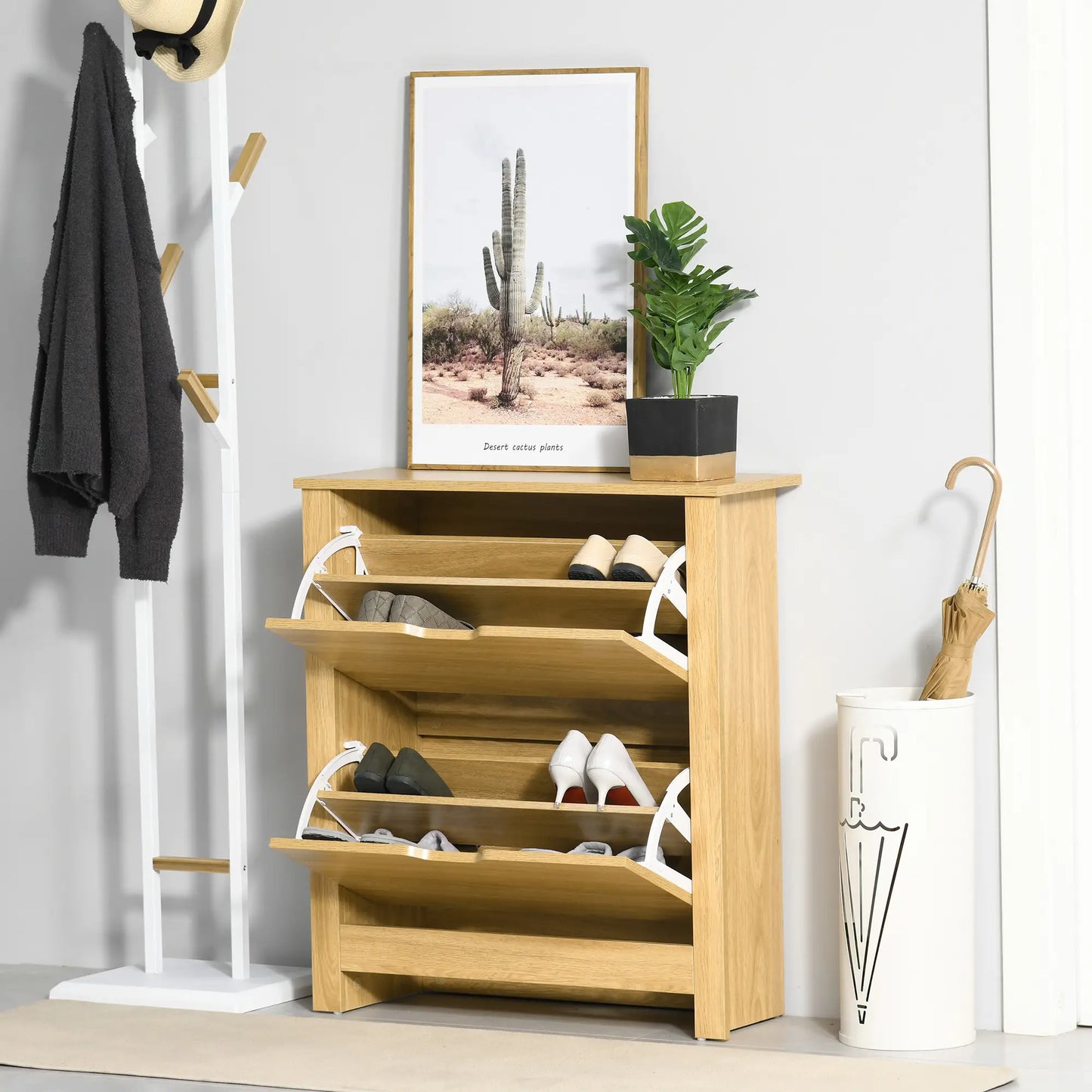 Shoe Storage Cabinet, 2 Flip Drawers, Adjustable Shelves, 12 Pairs, Natural Wood Shoe Storage Cabinets & Racks at Gallery Canada