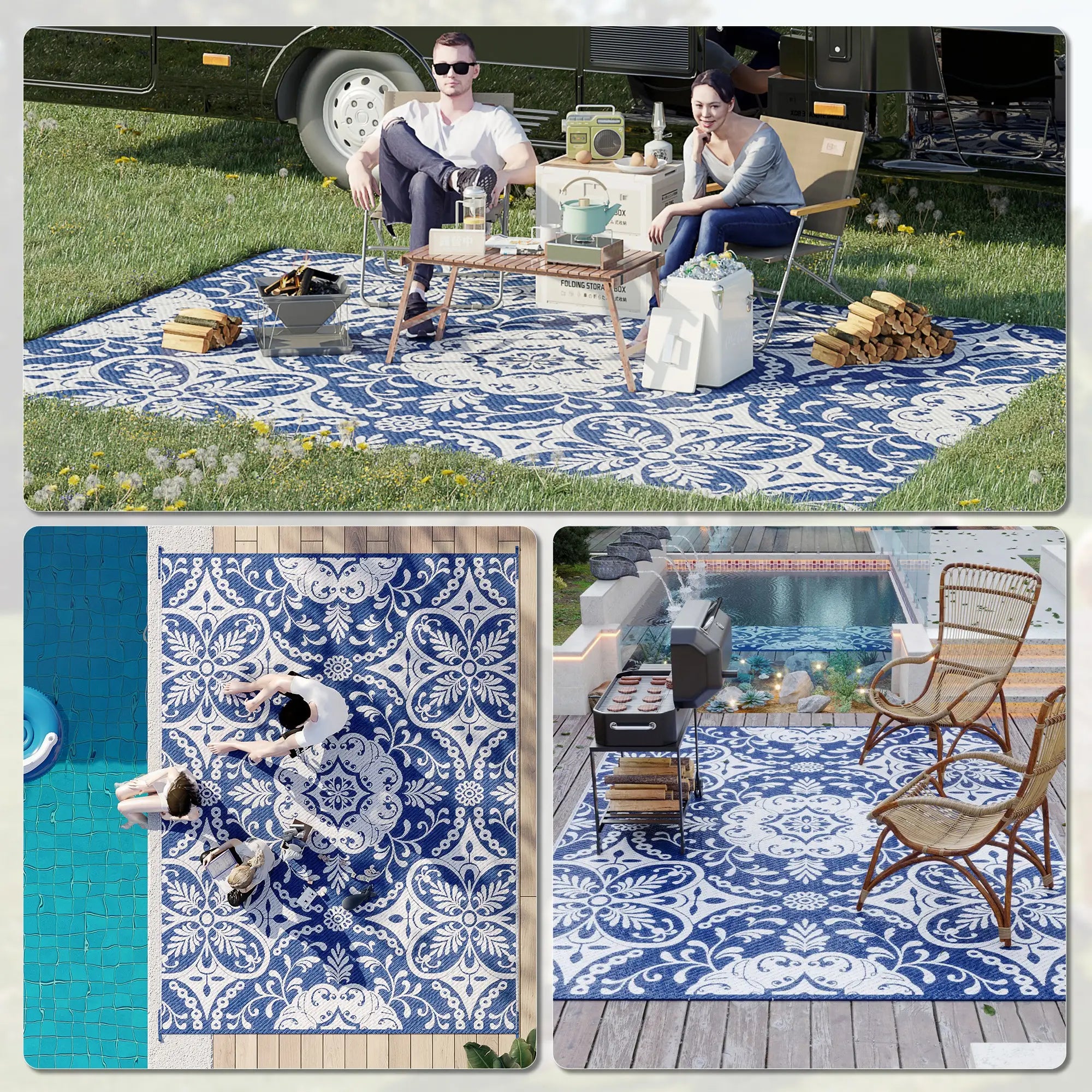 Portable Outdoor Rug, 9' x 12', White Flower, Waterproof, Reversible, Blue Outdoor Reversible Rugs at Gallery Canada