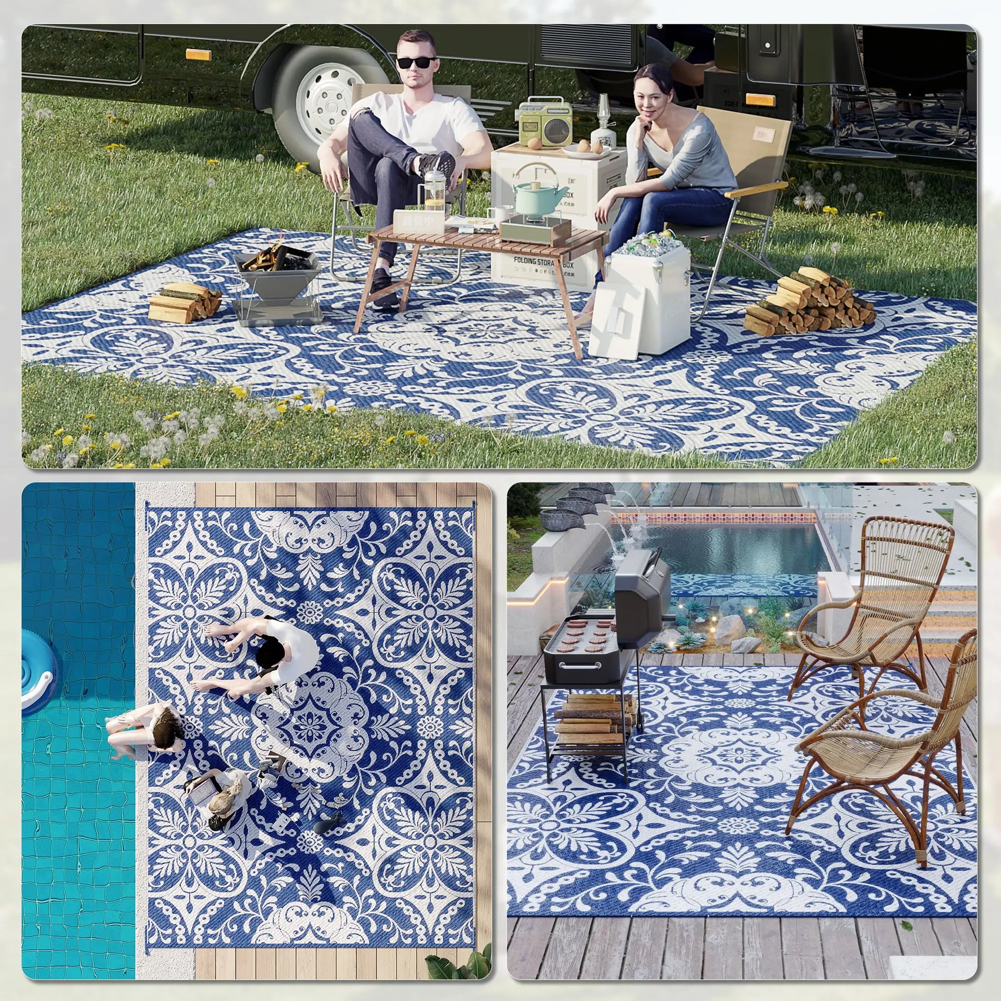 Portable Outdoor Rug, 9' x 12', White Flower, Waterproof, Reversible, Blue Outdoor Reversible Rugs at Gallery Canada