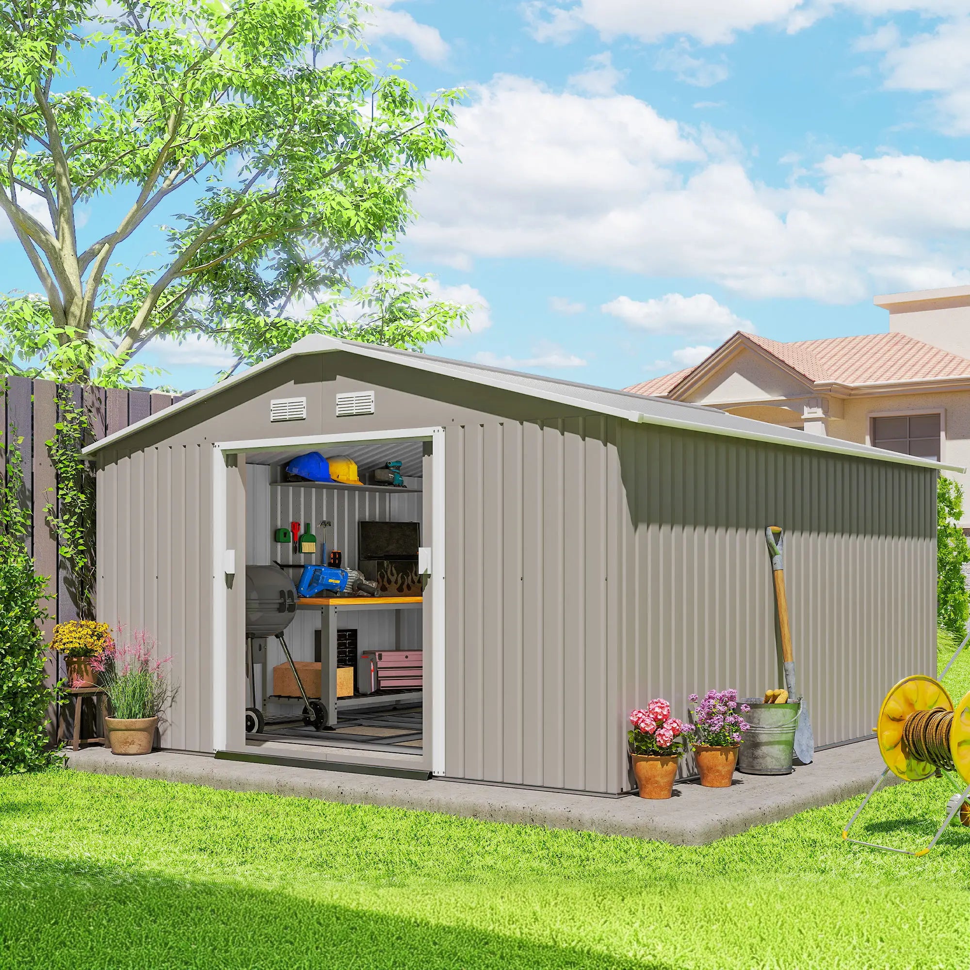 11' x 13' Garden Storage Shed, Double Sliding Door, 4 Vents, Light Grey Sheds at Gallery Canada