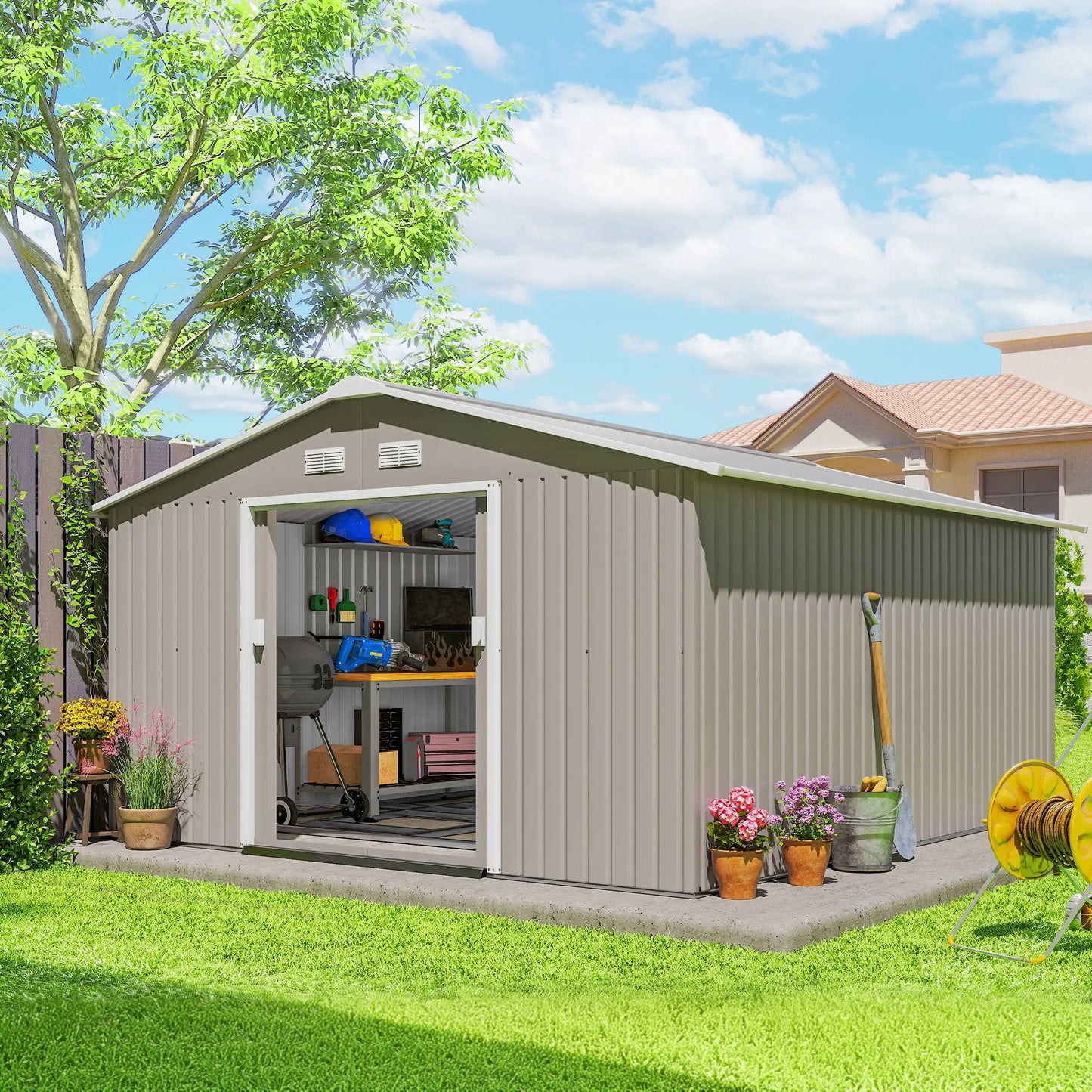 11' x 13' Garden Storage Shed, Double Sliding Door, 4 Vents, Light Grey Sheds at Gallery Canada
