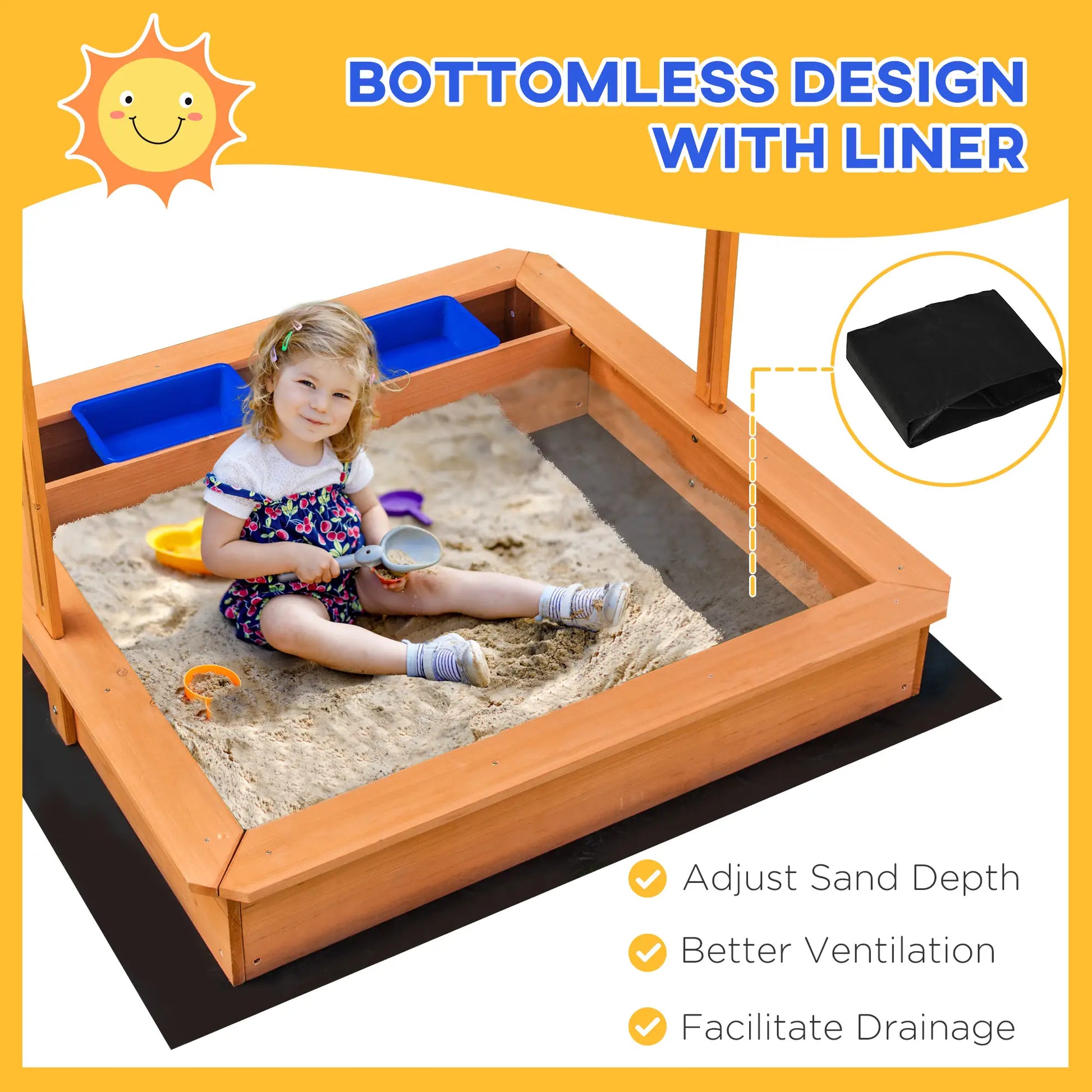 Kids Wooden Sandbox, Adjustable Height Cover, Bottom Liner, Seat, Plastic Basins, for 3-7 Years Sandboxes & Accessories at Gallery Canada