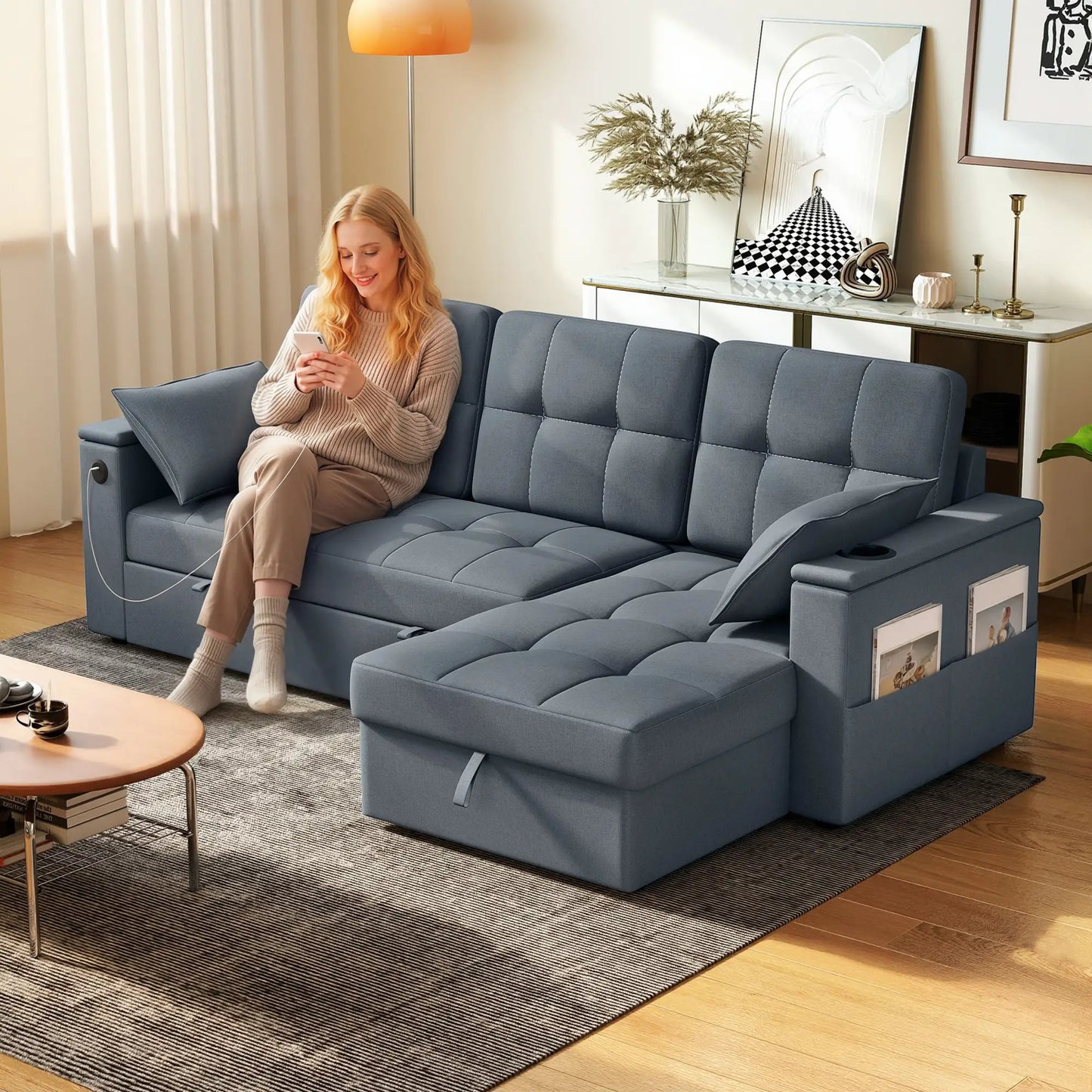 Convertible Sectional Sofa Bed, Pull Out Sleeper, Chaise Storage, Dark Grey Sofas & Reclining Chairs at Gallery Canada