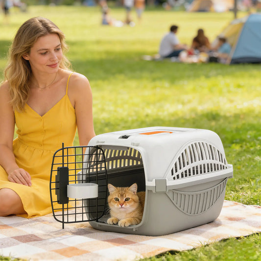 Airline Approved Pet Carrier, Steel Wire Door, Water Bowl, Car Airplane Outdoor Dog Cages & Crates Cream White, Light Grey, Orange at Gallery Canada