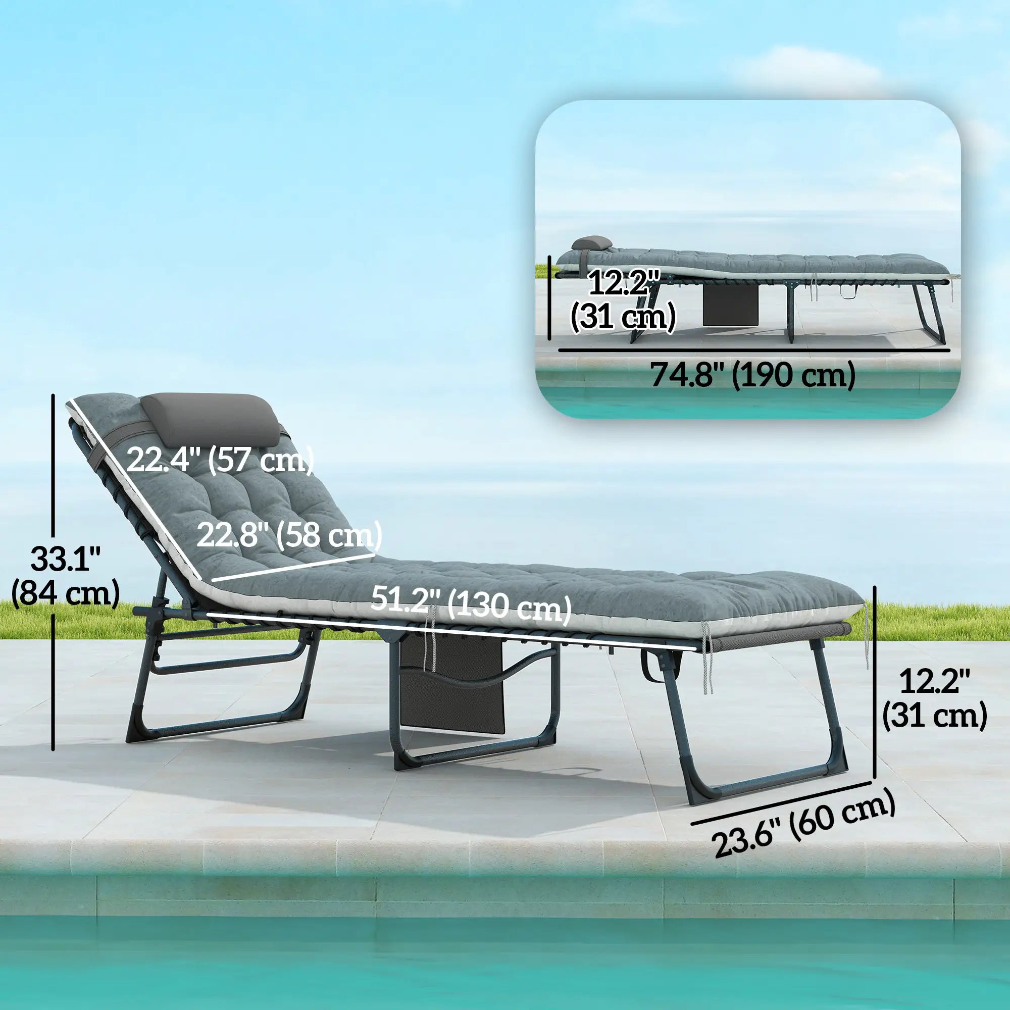 Folding Chaise Lounge Chair Set Of 2, With Cushion And Side Pocket, Grey Lounger Chairs at Gallery Canada