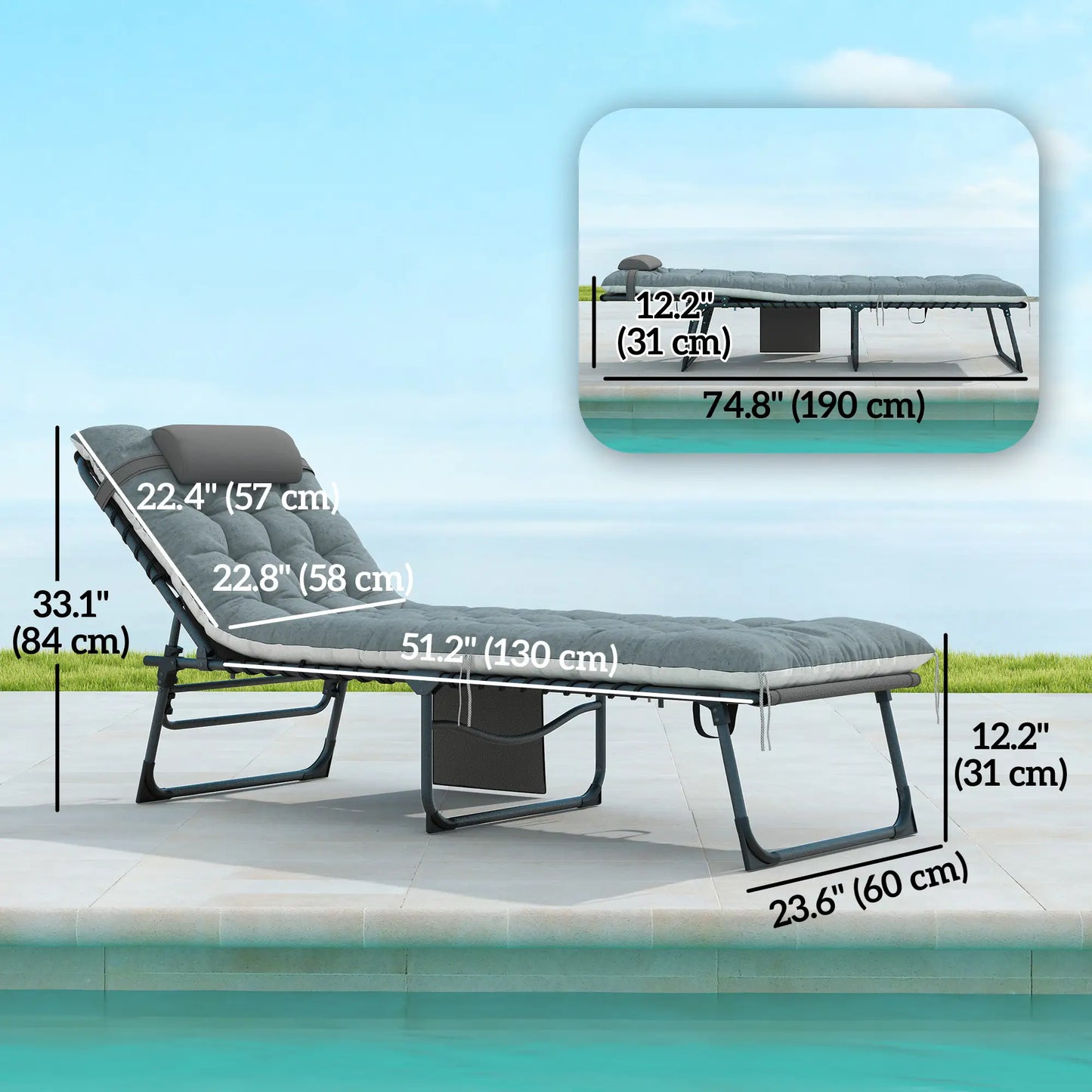 Folding Chaise Lounge Chair Set Of 2, With Cushion And Side Pocket, Grey Lounger Chairs at Gallery Canada