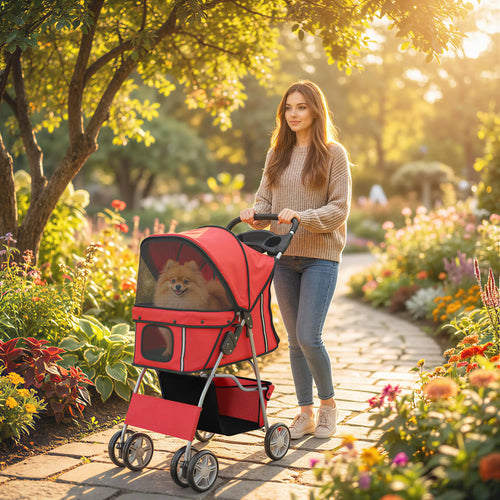 Foldable Pet Stroller, 360° Swivel Wheels, Reflective Strips, Red