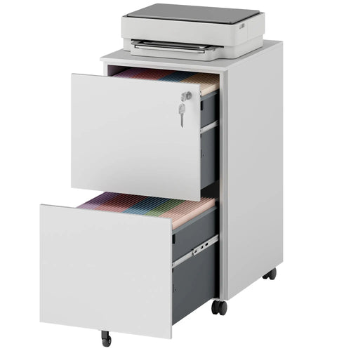 2-Drawer Steel Filing Cabinet on Wheels, Lockable, Adjustable Hanging Bar, White