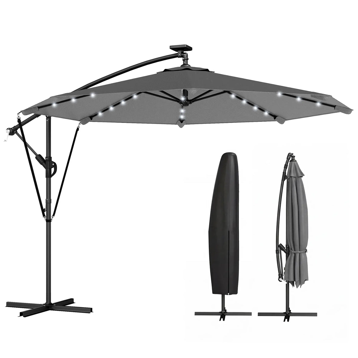 9.7ft Solar LED Cantilever Patio Umbrella, 32 LED Lights, Cross Base, Crank Handle, Dark Grey Offset Cantilever Umbrellas Dark Grey, Black at Gallery Canada
