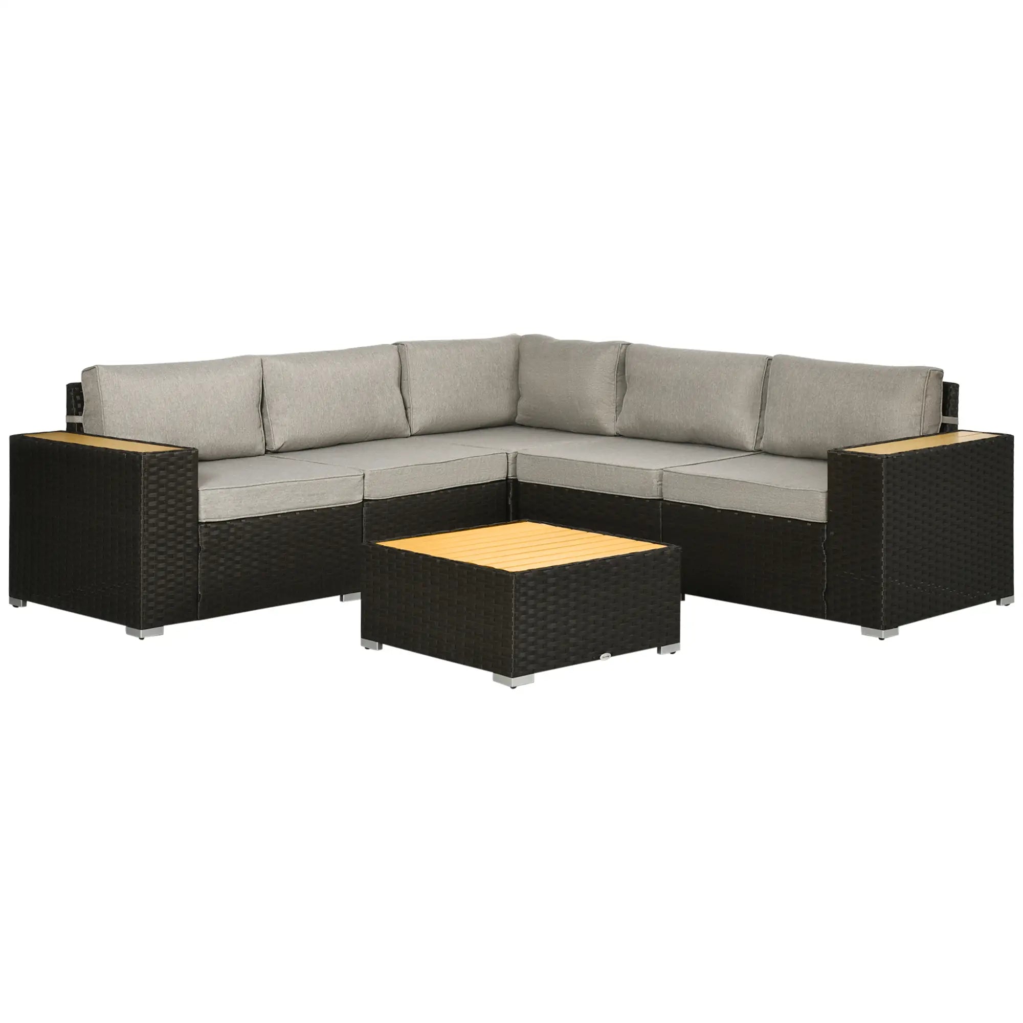 6-Piece Outdoor Rattan Patio Set, Corner Sofa, WPC Table, Light Grey Patio Furniture Sets Brown Rattan, Light Grey Cushion, Natural Board at Gallery Canada