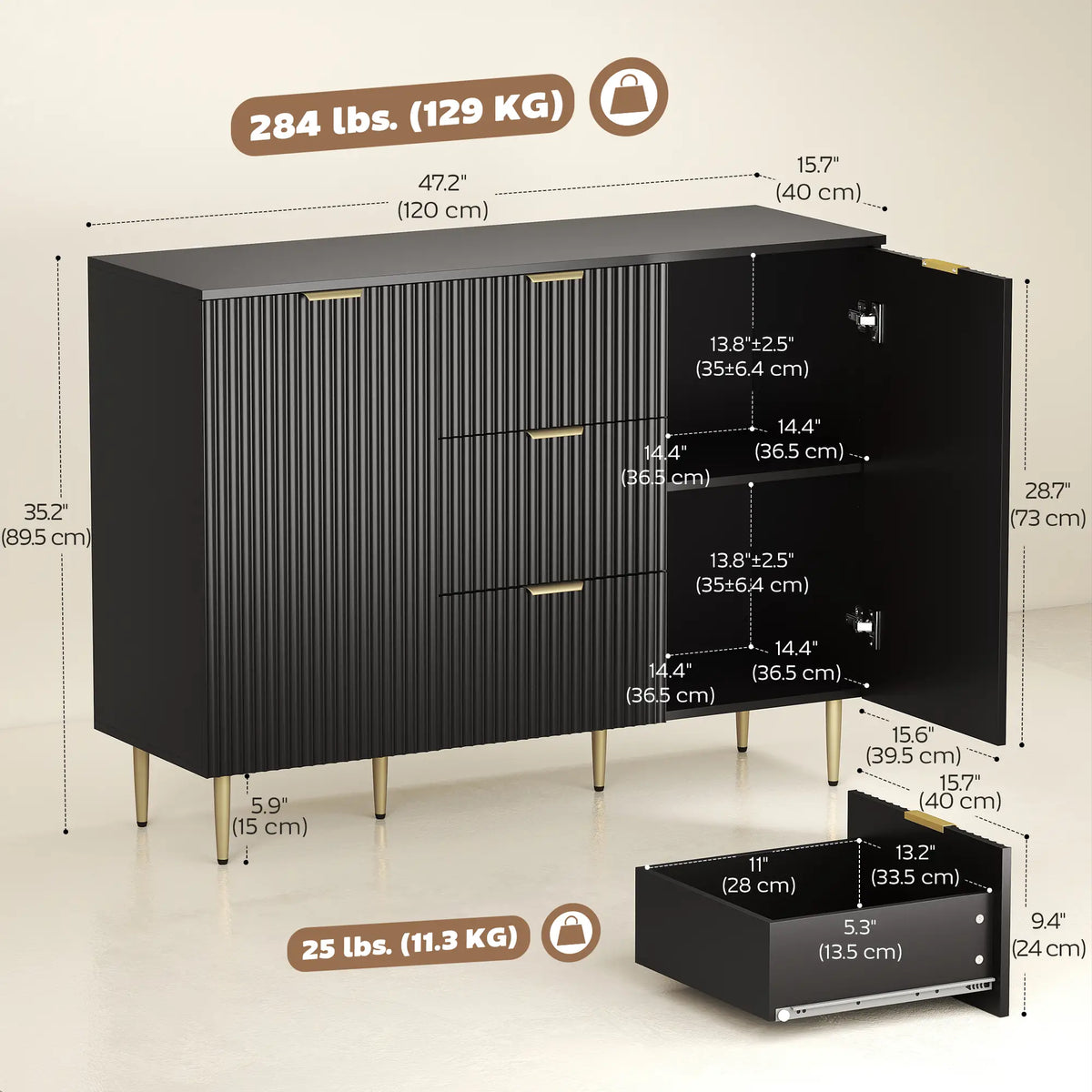 Modern Kitchen Storage Cabinet, 3 Drawers, Adjustable Shelves, Black Bar Cabinets at Gallery Canada
