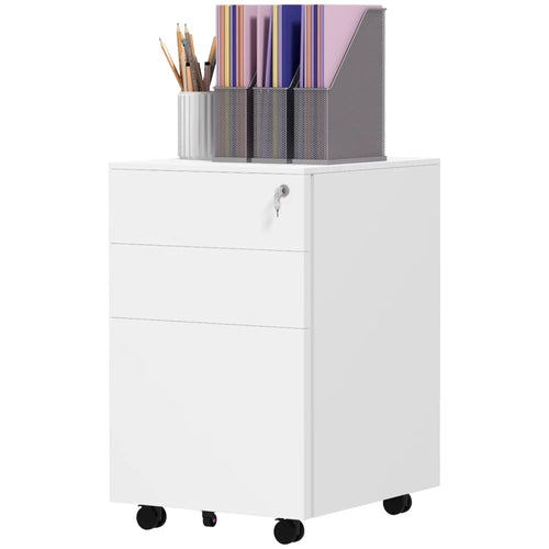 3-Drawer Steel Filing Cabinet on Wheels, Lockable, Adjustable Hanging Bar, White