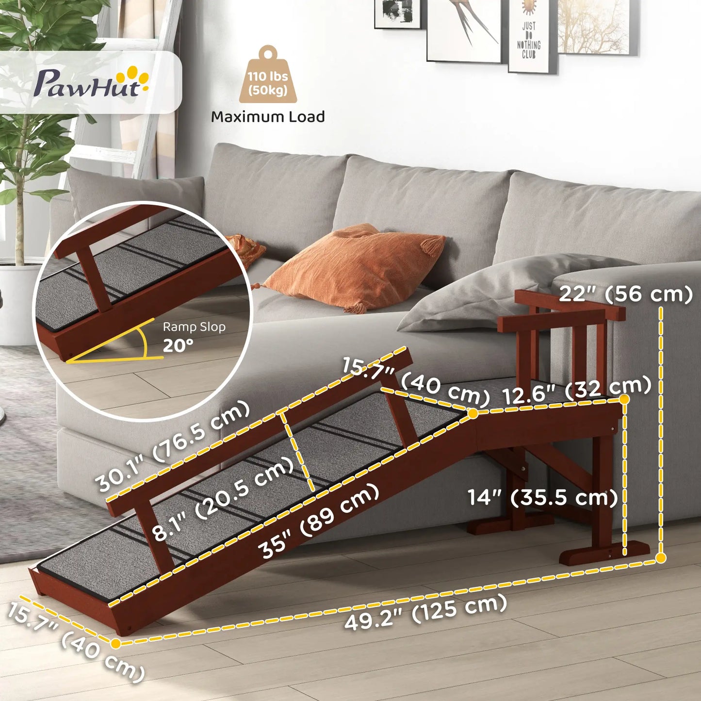 Wooden Dog Ramp, 49" Long, Non-Slip Rug, Removable Guardrails, Brown Dog Stairs at Gallery Canada