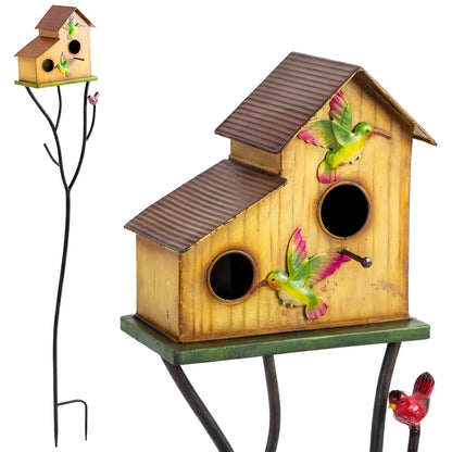 57" Outdoor Bird House With Pole, Double-Hole Metal Birdhouse, Yellow Birds at Gallery Canada