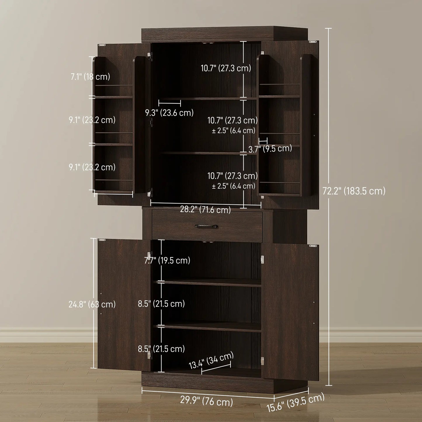 72 Inch Kitchen Pantry Cabinet, Farmhouse Storage, 4 Barn Doors, Brown Kitchen Pantry Cabinets at Gallery Canada