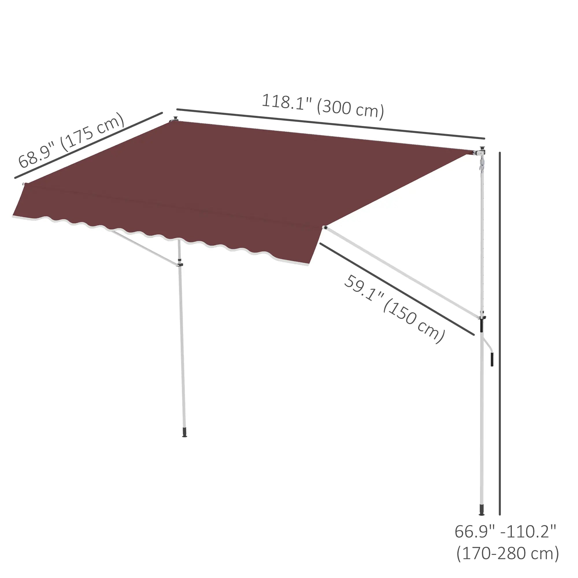 10x5ft Retractable Sun Shade Canopy, 5.6-9.2ft Pole, Wine Red Patio Awnings at Gallery Canada