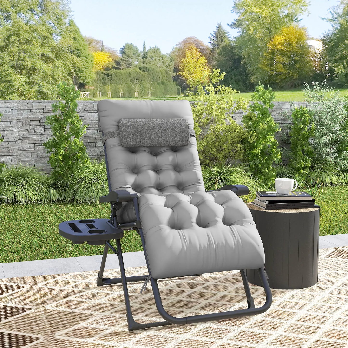 Padded Folding Recliner Chair, Adjustable Backrest, Grey Lounger Chairs at Gallery Canada