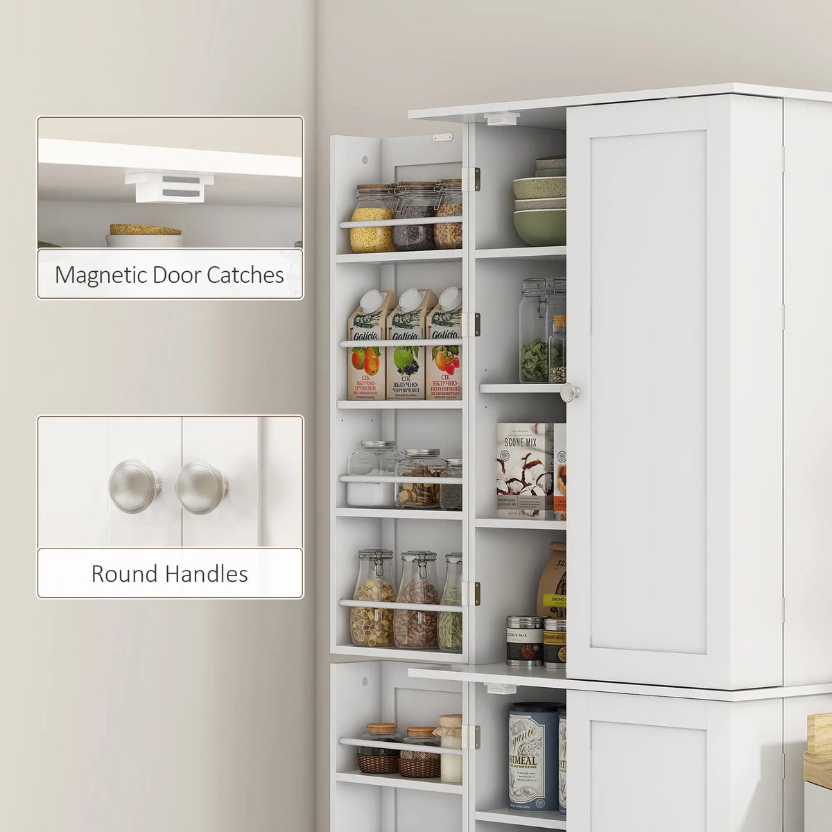 65" Kitchen Pantry Cabinet, 4 Doors, 16 Shelves, White Kitchen Pantry Cabinets at Gallery Canada