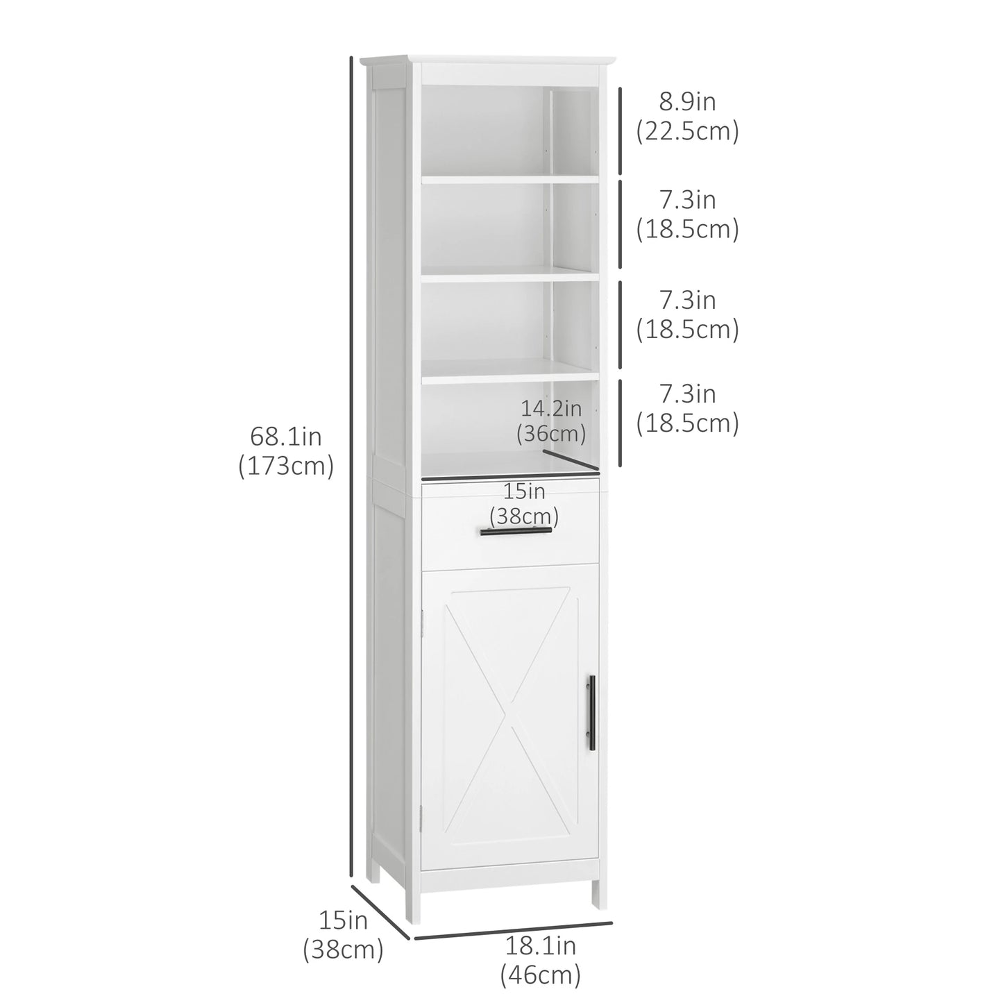 Tall Bathroom Storage Cabinet, 3-Tier Shelf with Door and Drawer, White Bathroom Cabinets at Gallery Canada