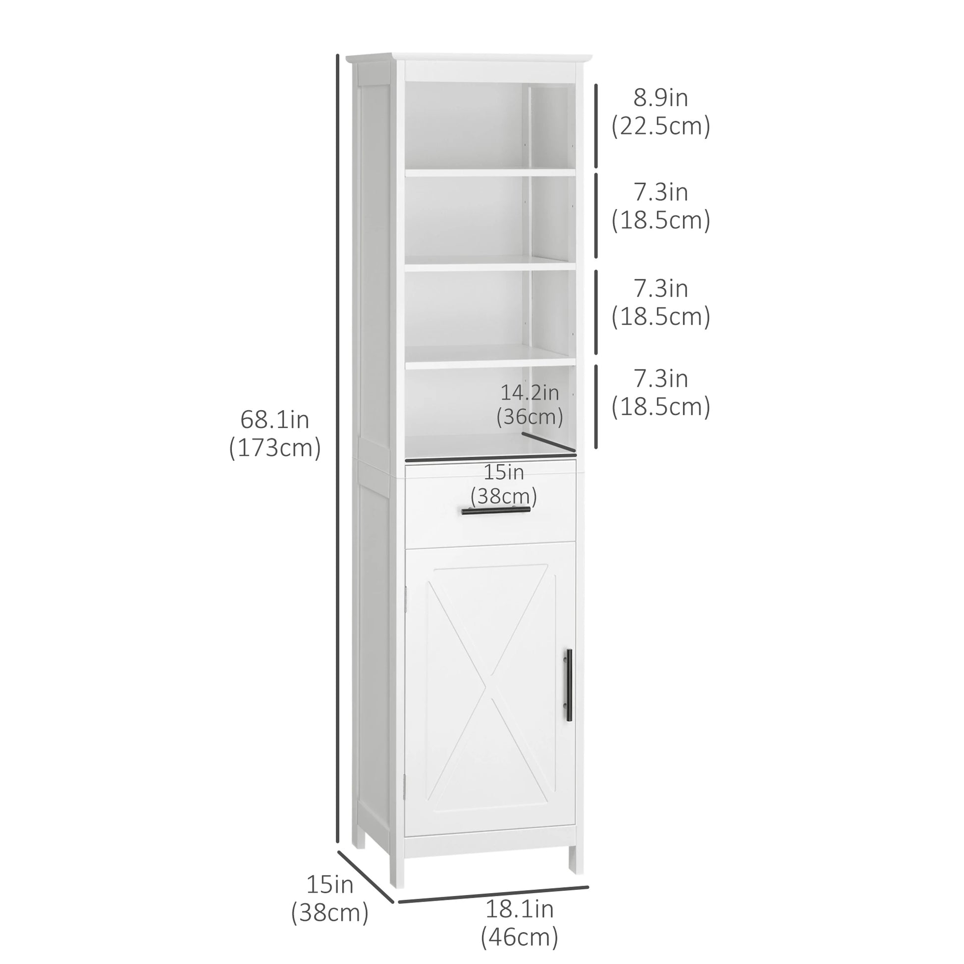 Tall Bathroom Storage Cabinet, 3-Tier Shelf with Door and Drawer, White Bathroom Cabinets at Gallery Canada