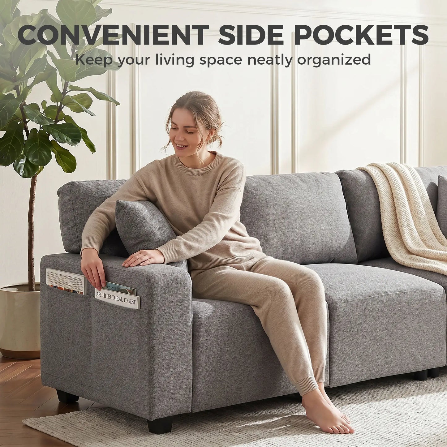 3-Seater Sofa With Storage Pockets, Grey