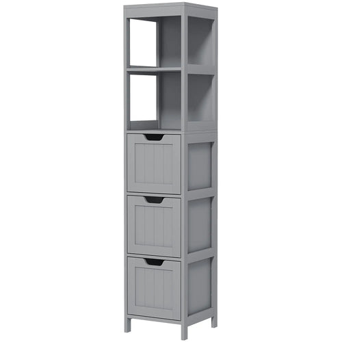 Narrow Bathroom Cabinet, 3 Drawers, 2 Tier Shelf, Tall Cupboard, Grey