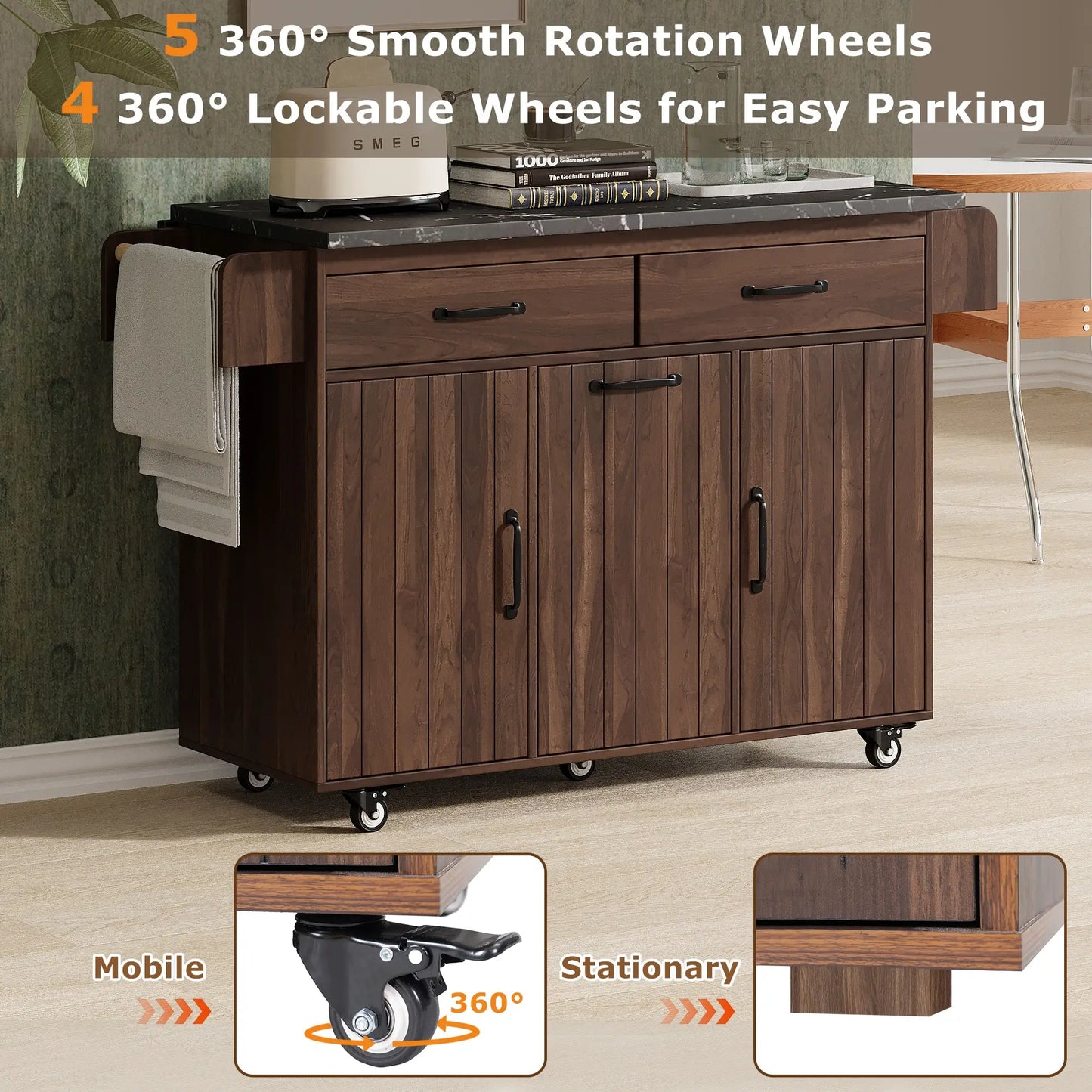 Adjustable Shelf Island, Trash Cabinet, Spice Rack, 51" L x 20" W x 35" H, Walnut Brown Kitchen Islands & Kitchen Carts at Gallery Canada