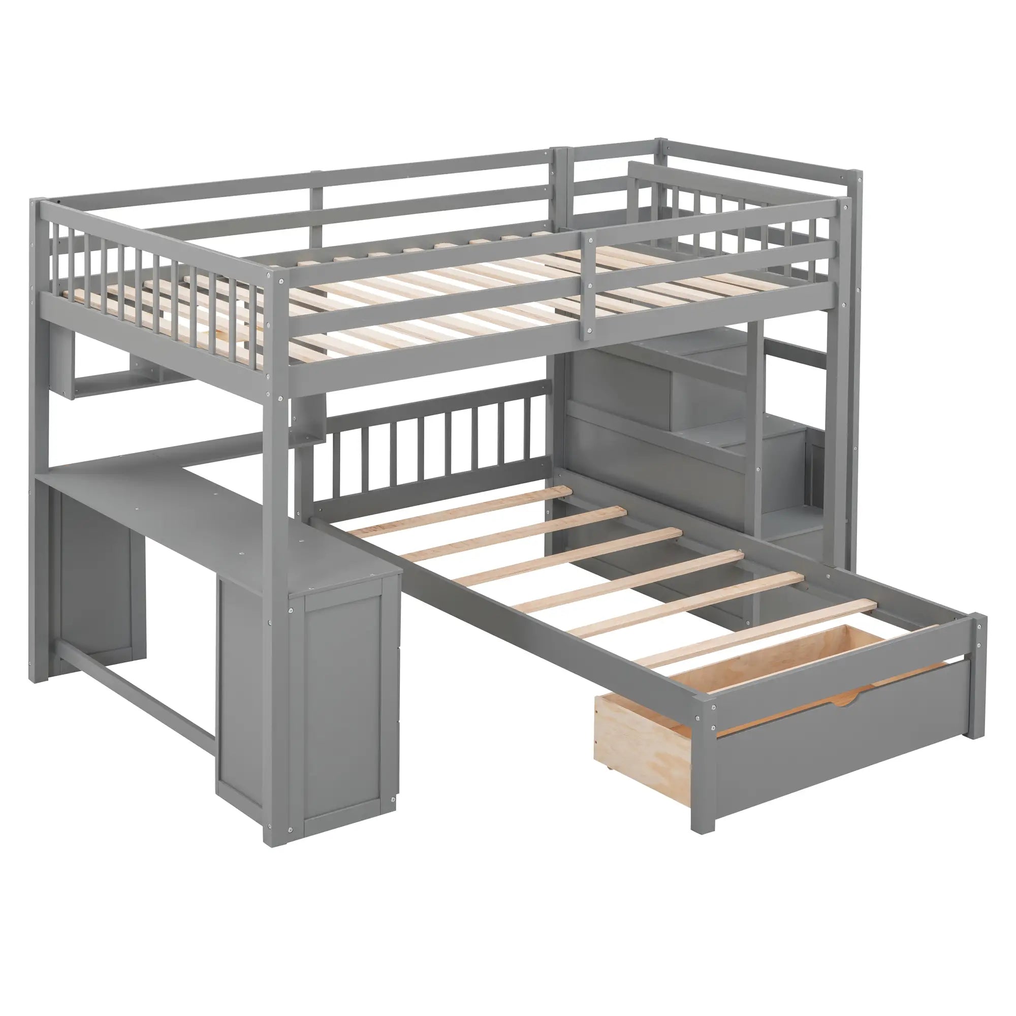Over Twin Bunk Bed with Study Desk, Drawers, Shelves, 98