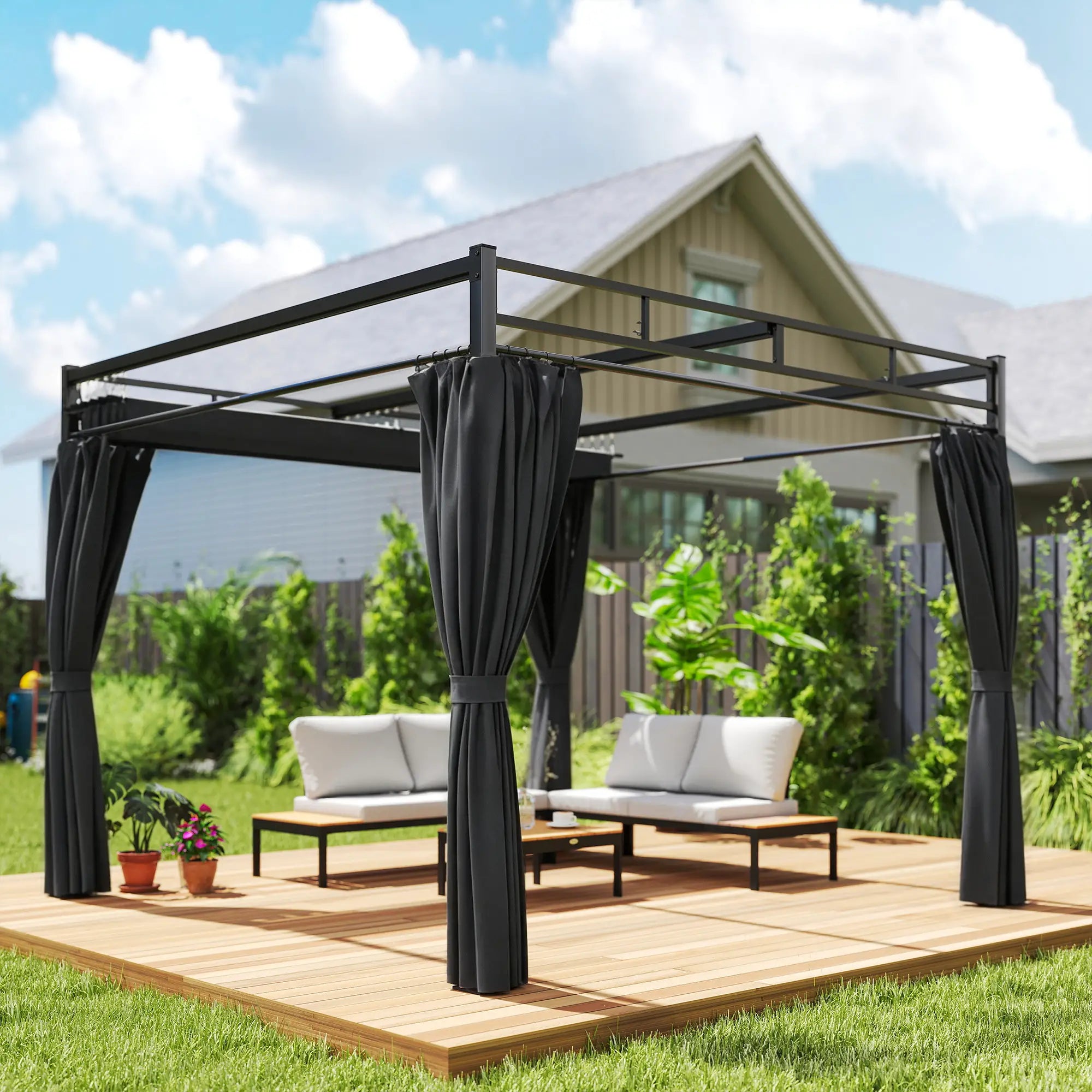 10' x 10' Dark Grey Outdoor Gazebo, Retractable Pergola Canopy With Curtains, Dark Grey Pergolas at Gallery Canada