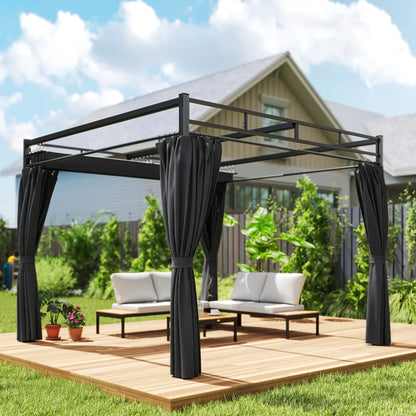 10' x 10' Dark Grey Outdoor Gazebo, Retractable Pergola Canopy With Curtains, Dark Grey Pergolas at Gallery Canada