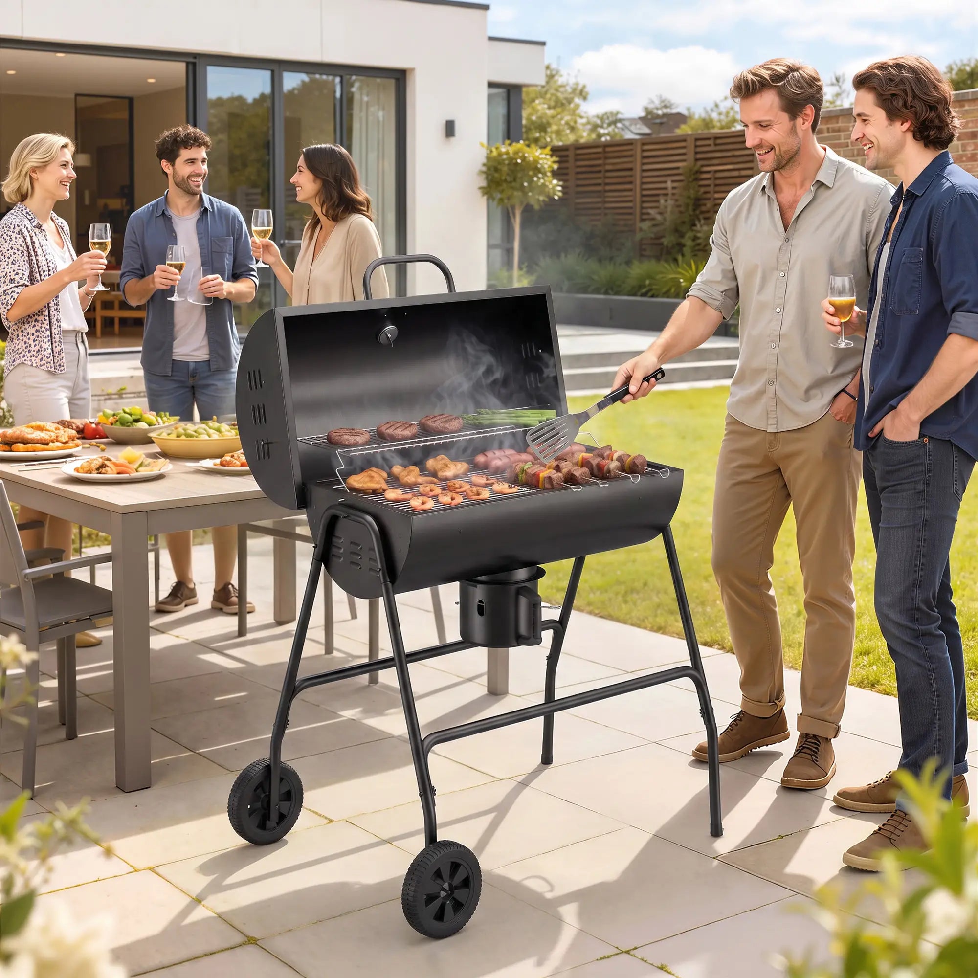 Charcoal BBQ Smoker, 420 sq.in. Cooking Area, Wheels, Ash Catcher, Black Charcoal BBQ Grils at Gallery Canada