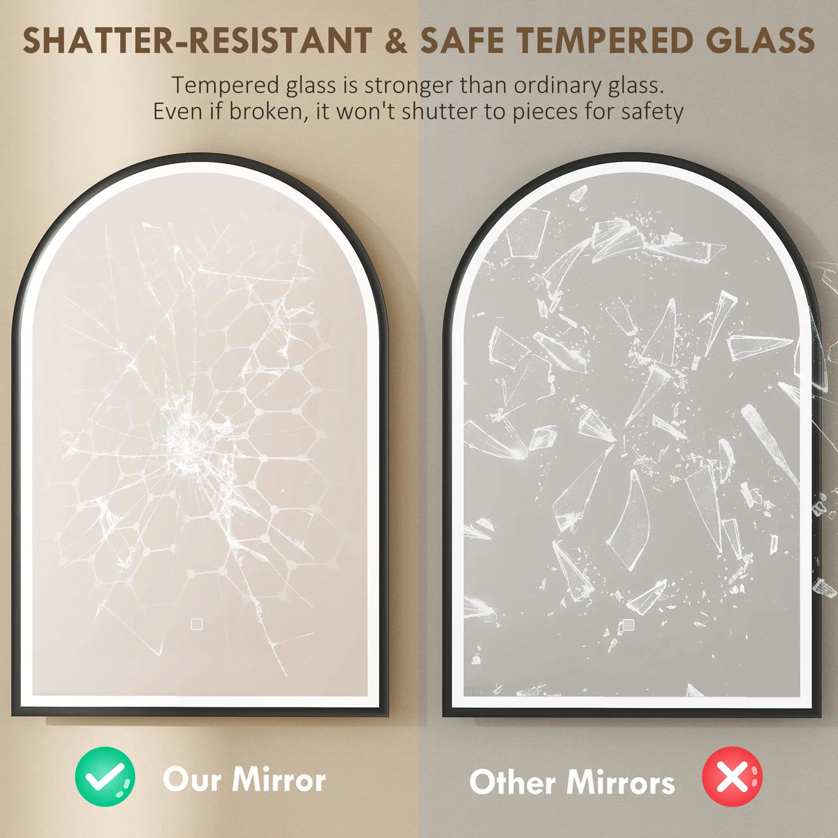 24" x 36" LED Bathroom Mirror, Arched Tempered Glass, Anti-Fog, Dimmable, Black