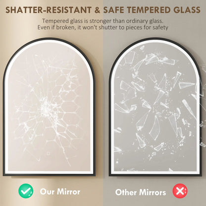 24" x 36" LED Bathroom Mirror, Arched Tempered Glass, Anti-Fog, Dimmable, Black