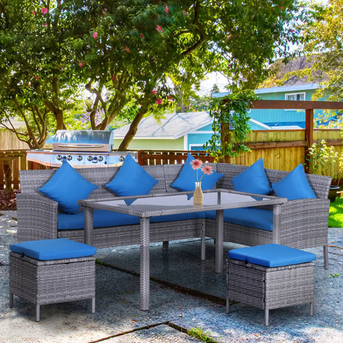 5-Piece Wicker Patio Set, Table, Ottomans, Bright Blue, Blue