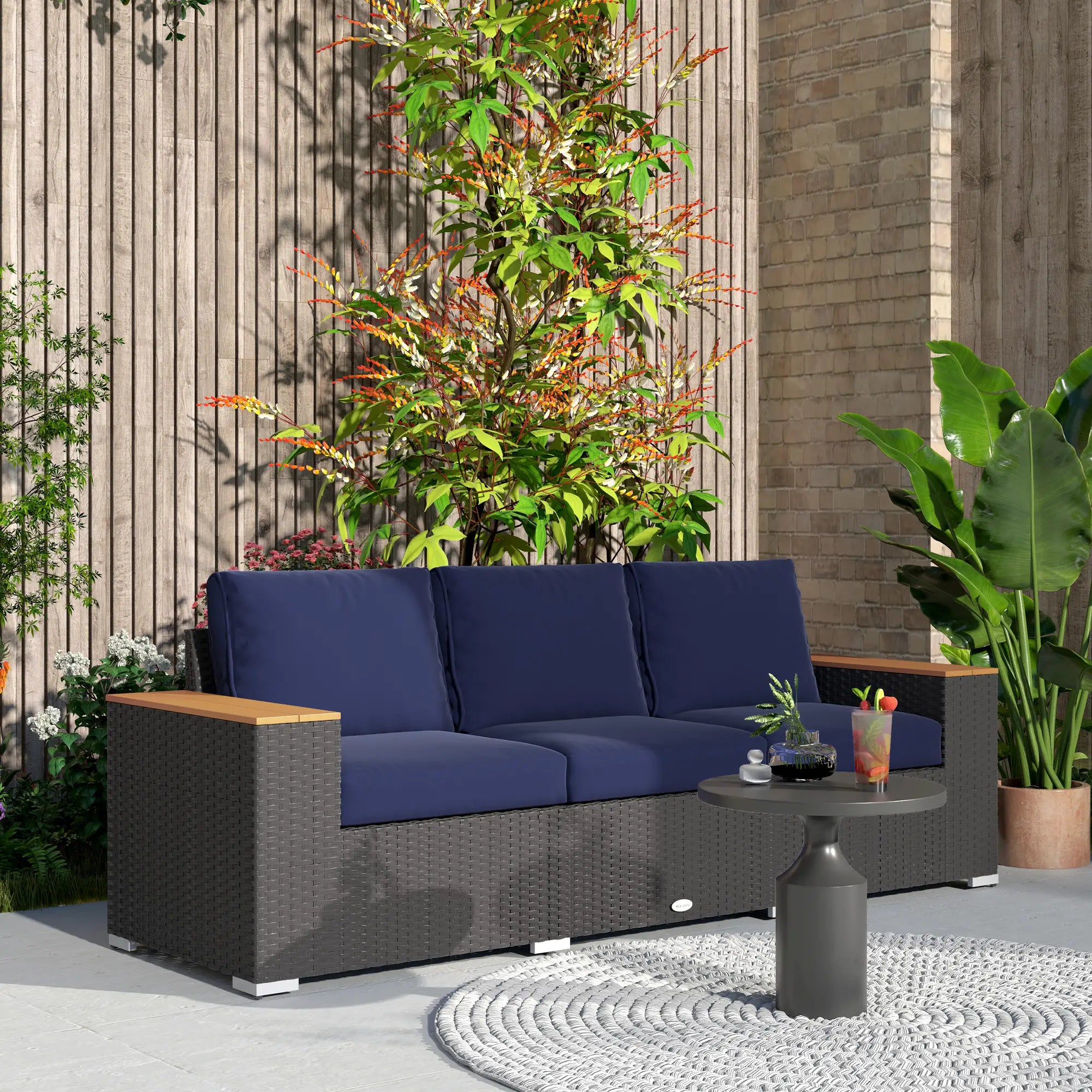3-Seater Outdoor Sofa, PE Wicker Patio Sofa With Cushions, Dark Blue Patio Furniture Sets at Gallery Canada