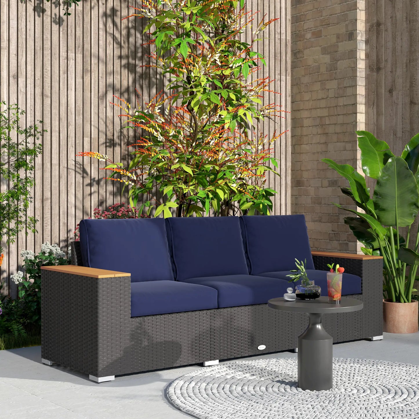 3-Seater Outdoor Sofa, PE Wicker Patio Sofa With Cushions, Dark Blue Patio Furniture Sets at Gallery Canada