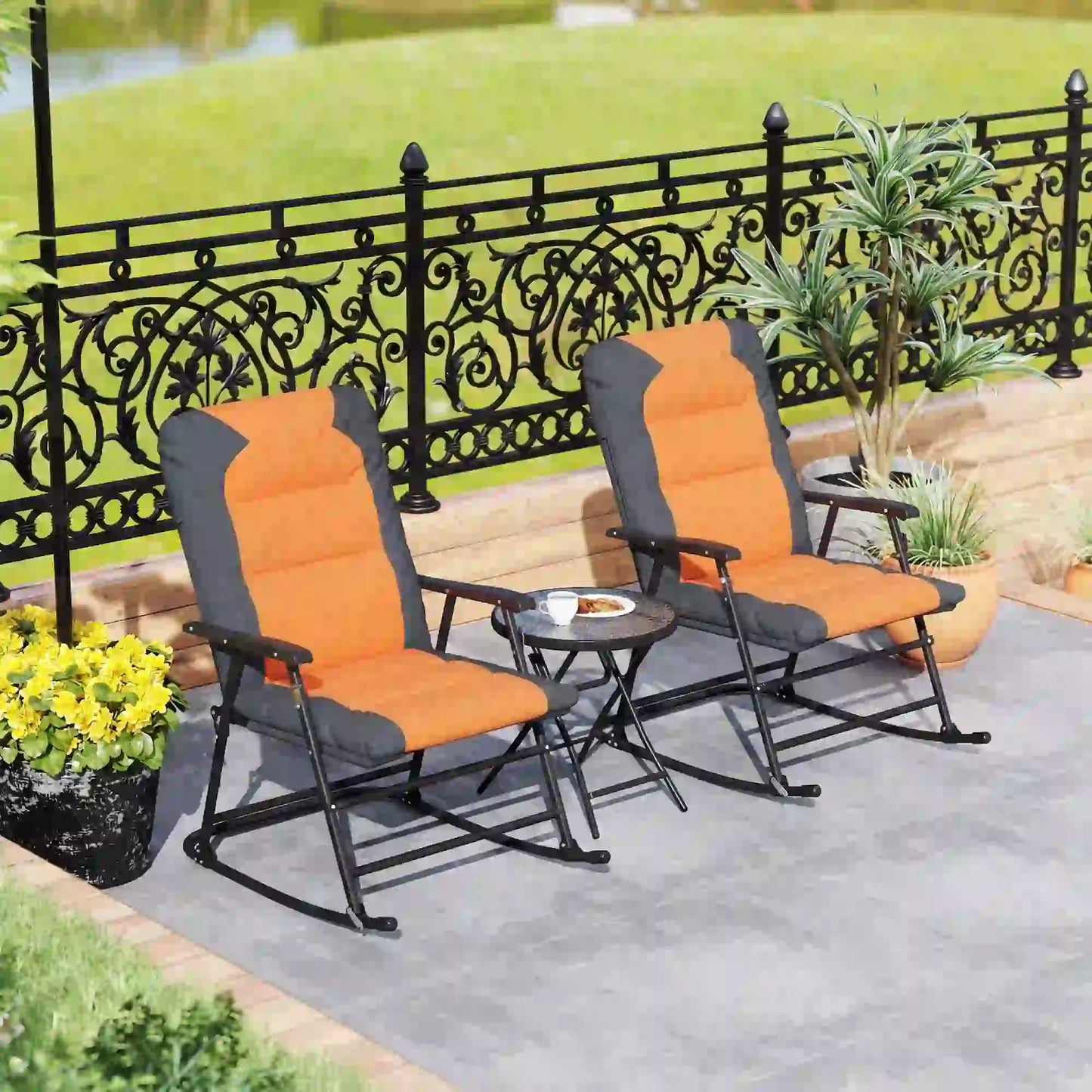 3-Piece Outdoor Foldable Rocking Chair Set, Orange Bistro Sets at Gallery Canada